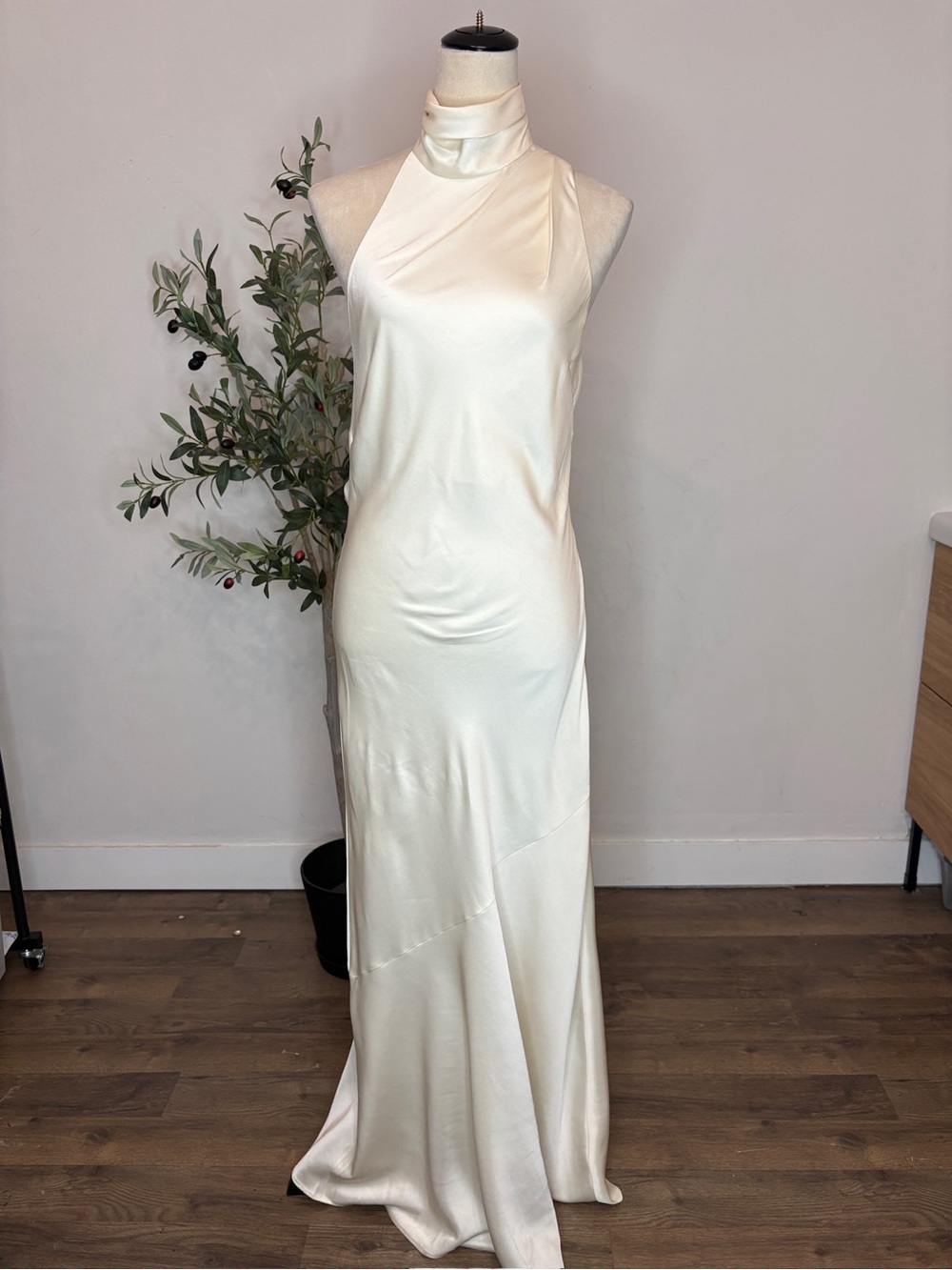 High-Neck Satin Maxi Dress in Ivory